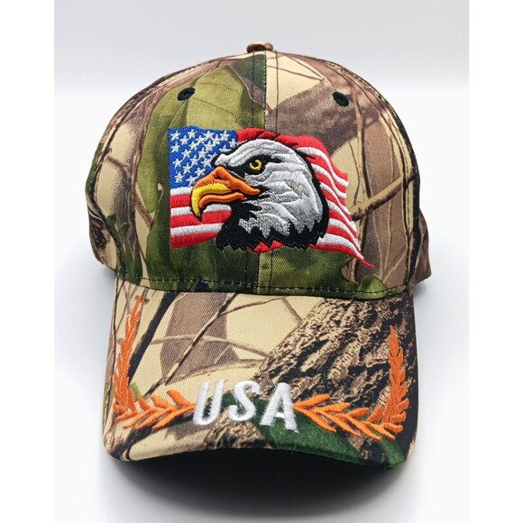 USA American Flag Eagle Patriotic Baseball Hat Cap Trucker Mossy Oak Camo Adjust - Picture 1 of 8